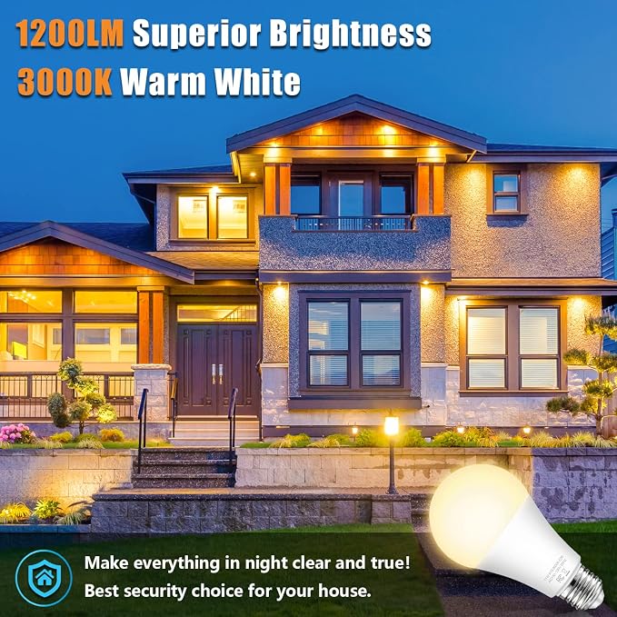 A19 Dusk to Dawn Sensor Light Bulbs Outdoor 100 Watt Equivalent, 11W Automatic On/Off LED Bulbs Warm White 3000K, 4-Pack 1200lumens Outdoor Smart Bulbs Photocell for Porch Garage Security, E26 Base