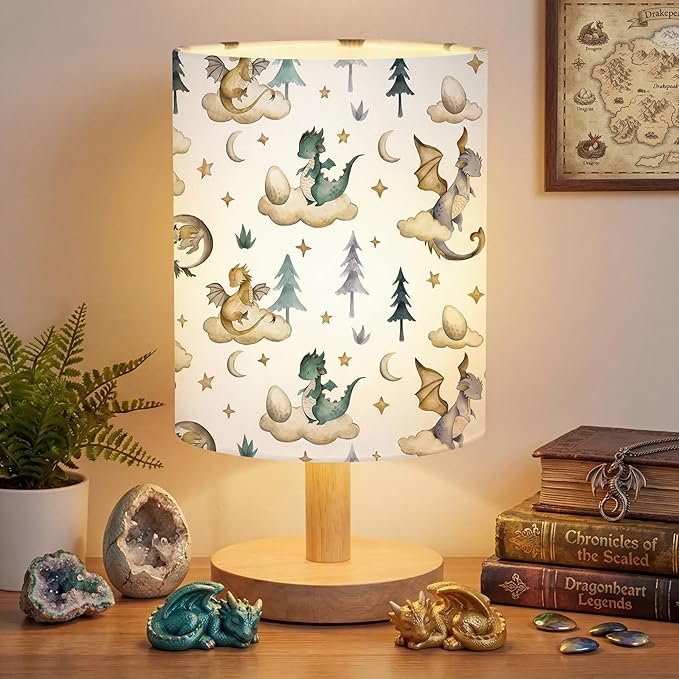 Cute Dragon Kids Table Lamp for Bedroom Kids Bedside Lamp with Linen Wooden Nightstand Cartoon Nursery Lampshade for Girls Boys Living Room