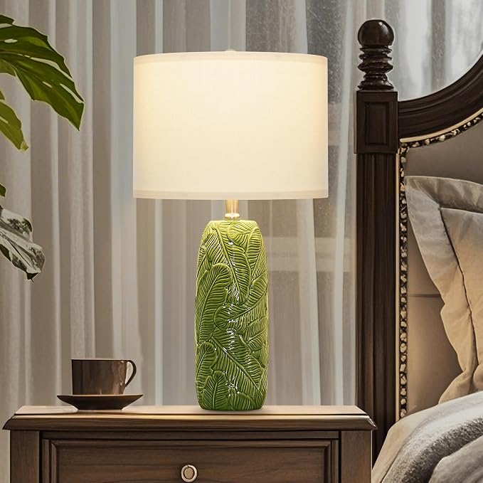 25" Green Ceramic Table Lamps for Living Room Set of 2 with Leaves Design | Retro Bedroom Nightstand Lamps, End Table Lamps, Farmhouse Home Decor Lamps, Green Lamps with White Shade, Premium Ceramic
