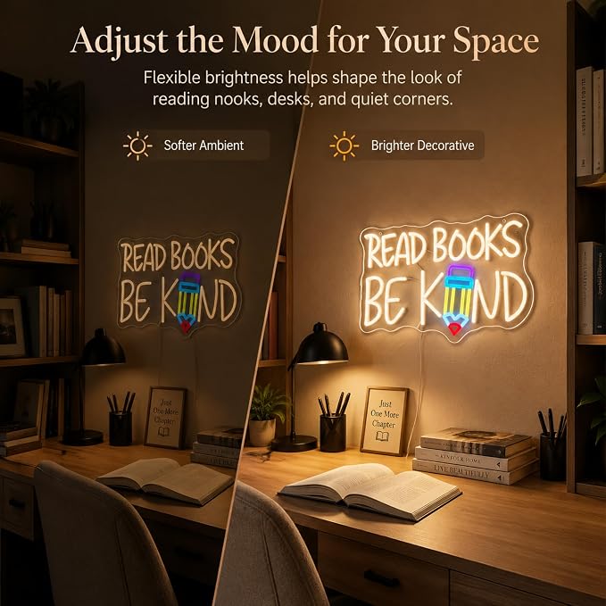 "Read Books Be Kind" Classroom LED Neon Sign | 16.5" x 10.4", Pencil Wall Decor, Inspirational Quote Light, Library Classroom Study Room Home Office