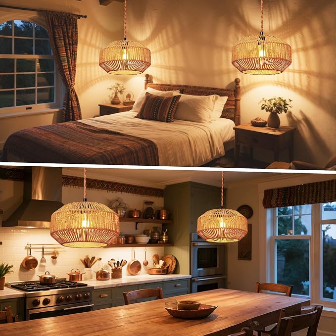 Maliralt Hanging Lamps Rattan Pendant Light Hanging Lights 16.4ft Plug in Cord Pendant Light Fixture Plug Into Wall Outlet Pendant Lighting with On Off Switch for Bedroom Living (Pumpkin Shade)