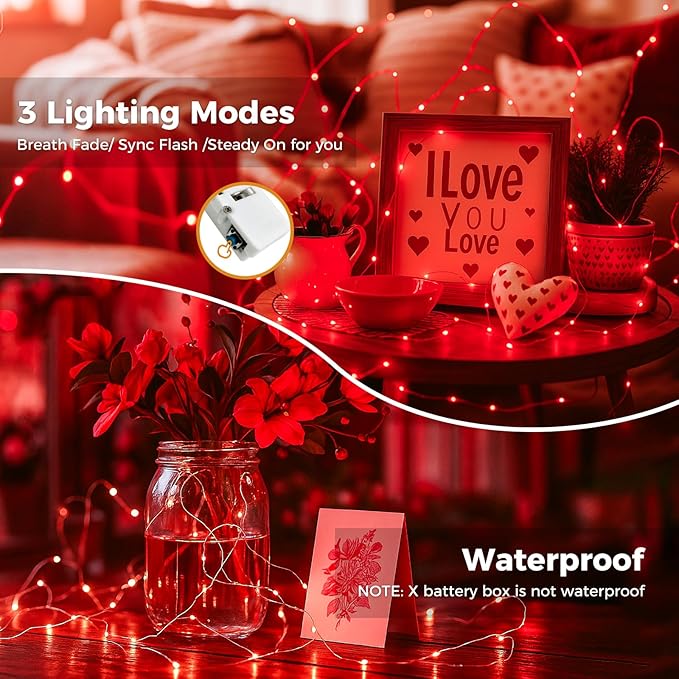 litogo 12 Pack Red Fairy Lights Battery Operated with Timer, 20 LED 3 Modes Twinkle Light, 7ft Waterproof Silver Wire Mini Small Bulk Mason Jar String Light, Decor for Wedding Party Christmas