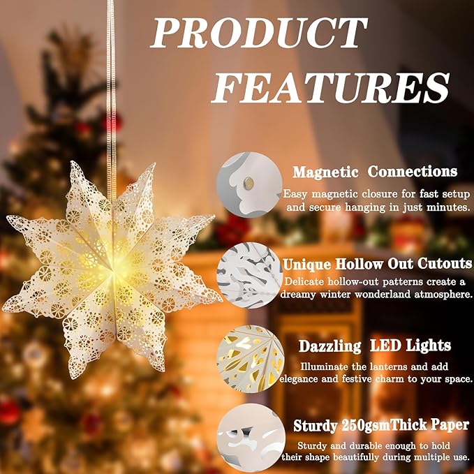 5Pcs Christmas Paper Snowflake Lanterns, Large Christmas Paper Star Lanterns with Lights & Banner White Hanging Snowflake Lamps for Xmas Winter Frozen Weddings Birthday Holiday Party Decorations