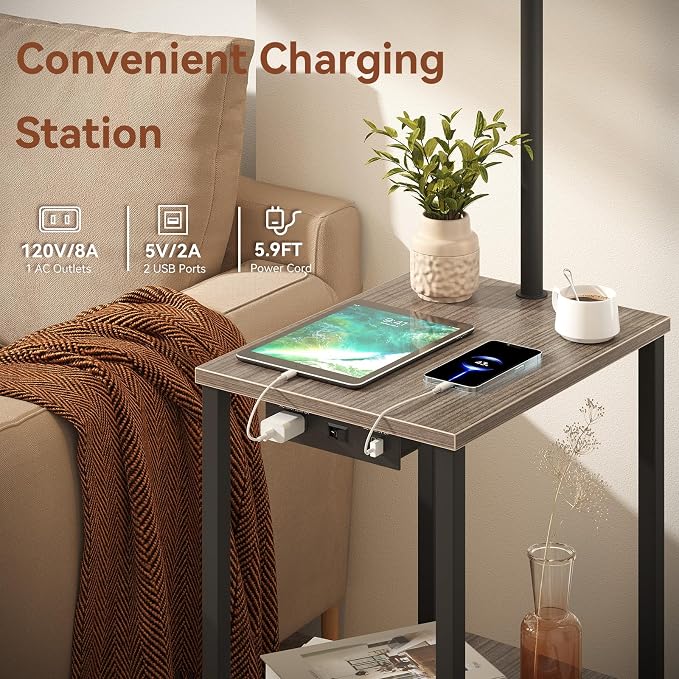 SUNMORY Floor Lamp with Table Shelves, End Side Table for Living Room | USB & AC Charging Stations, 3 Color Temperature 9W LED Bulb, Adjustable Shade, Modern Nightstand Lamps for Bedroom Office