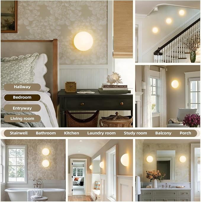 Globe Milk Glass Wall Sconce - Small 7 Inch Modern Half Moon Light Fixtures | Mid Century Art Deco Indoor Lighting, For Bedroom Bathroom Vanity Mirror Living Room Hallway Kitchen Bedside Mount Lamp 3000k
