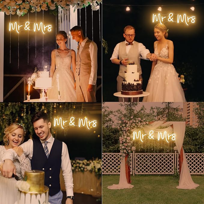 Mr and Mrs Neon Sign Wedding, Aslanka LED Mr & Mrs Light for Backdrop Decor, Neon Mr Signs for Shower Engagement Arch Flower Background Reception Desk Home Decoration Gifts, 19.6 x 5.5in(Warm White)