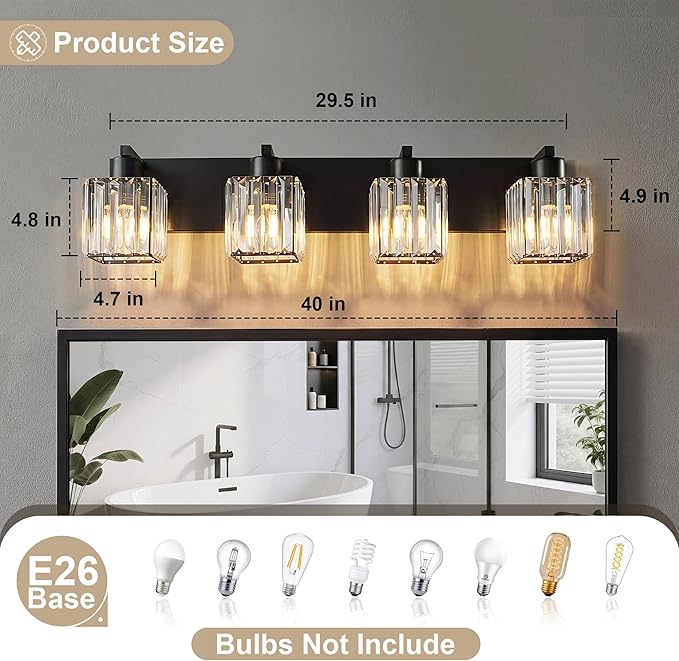 Modern Bathroom Vanity Light, 4-Light K9 Crystal Bathroom Lighting Fixtures Over Mirror, Black Vanity Light with Square Shade