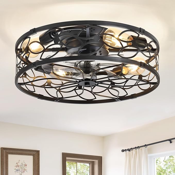 LEDIARY 20" Caged Ceiling Fan with Light, Flush Mount Fandalier with Remote | Low Profile, Farmhouse Small, Bladeless Industrial, Quiet DC Motor, App Control for Bedroom, Kitchen, Dining Room, Black