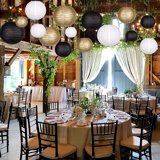 15pcs Paper Lanterns Black Gold Round Hanging Chinese Paper Lanterns 4" 6" 8" 10" 12" for Bachelorette Engagement Wedding Baby Bridal Ner Year Party Decorations
