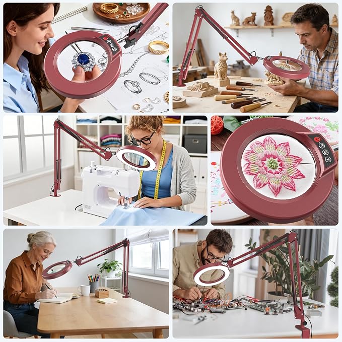 10X Magnifying Glass with Light and Clamp, Real Glass Stand Lighted Magnifier, 2*16 Arm 5 Color Modes Stepless Dimmable LED Desk Lamp Hands Free for Craft Hobby Reading Painting Close Work Large RED