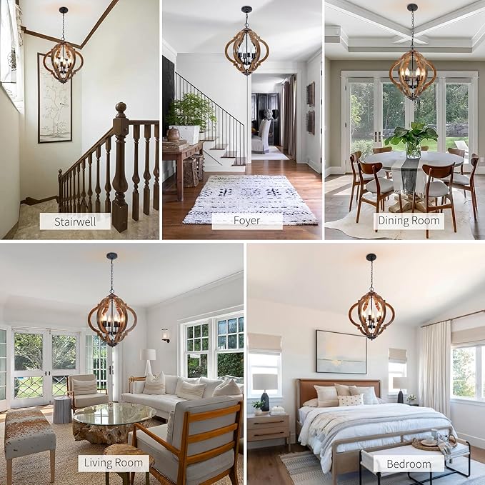 Farmhouse Rustic Wooden Chandelier, 6-Light Farmhouse Hanging Light Fixture with Black Metal & Brown Wood, for Dining Room, Kitchen, Living Room, Entryway, Foyer, Bedroom, Hallway