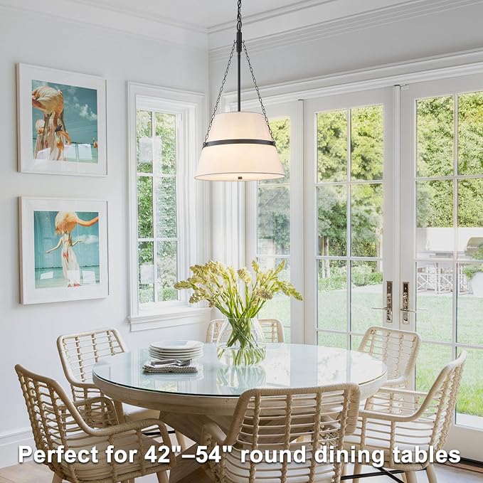 15.35" Black Drum Chandelier, White Linen Pendant Light for Kitchen Island | Modern Transitional, 4-Light, 3 Side Chains, for Dining Room, Breakfast Nook, Home Office, Adjustable Heigh 15.35"W x 28.35"H