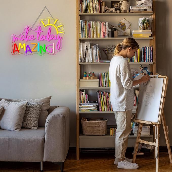 Make Today Amazing Neon Sign Classroom Wall Decor Reading Neon Signs with Sunrise LED Lights for Bedroom Reading Corner Lights Up Sign for Library Study Office LED Gift for Teens Teachers