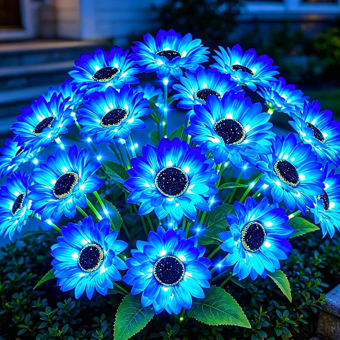 MRHEPHAESTUS Solar Garden Lights Outdoor, 6 Pack Solar Blue Sunflower Lights with 18 Head 3.5 Inch Flowers, Waterproof Flowers Light Fall Decor Auto ON/Off for Garden Yard Patio, Gifts for Mom Women
