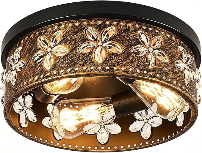 12.6 Inch Black Flush Mount Ceiling Light Fixture | 3-Light, Flower, Farmhouse, Kitchen, Dining Room, Bedroom, Living Room, Foyer, Entryway
