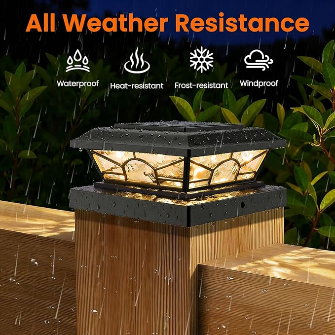 4x4 3.5x3.5 Solar Post Cap Lights 4-Pack Black | 2 Modes (Warm/Cool White), 16LEDs, for Wooden/Vinyl Posts, IP65 Waterproof, Outdoor, for Fence, Deck, Patio, Yard, Porch