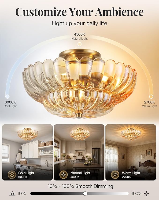 Semi Flush Mount Ceiling Light Fixture 14" Vinatge Gold Ceiling Lights Mid Century Modern Glass Close to Ceiling Lighting Fixtures for Bedroom Hallway Kitchen Laundry Room Bathroom Foyer