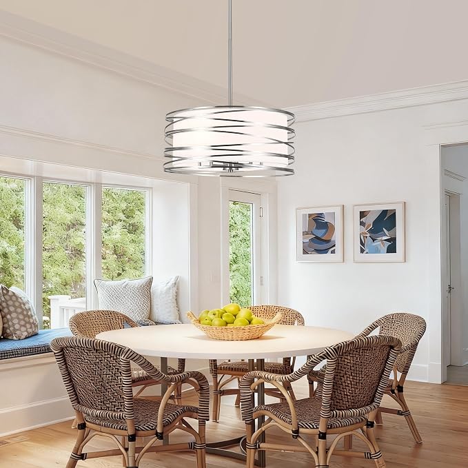 ACNKTZ 19.7'' Brushed Nickel Drum Chandeliers for Dining Room, 5-Lights Kitchen Chandeliers Over Table, Entryway Light Fixture Hanging, Industrial Round Chandelier for Living Room Stairwell Bedroom