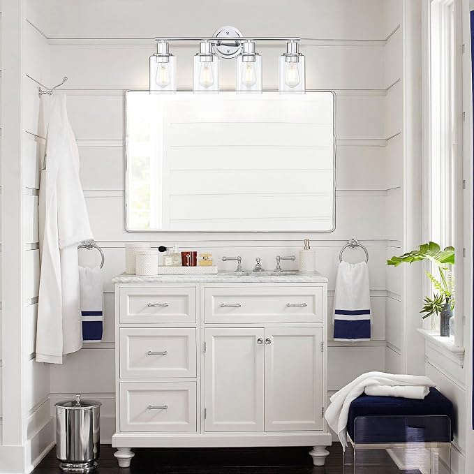 4-Light Chrome Bathroom Light Fixture Over Mirror,4-Light Chrome Vanity Lights for Bathroom 4 Bulb Wall Light Over Sink Cabinet