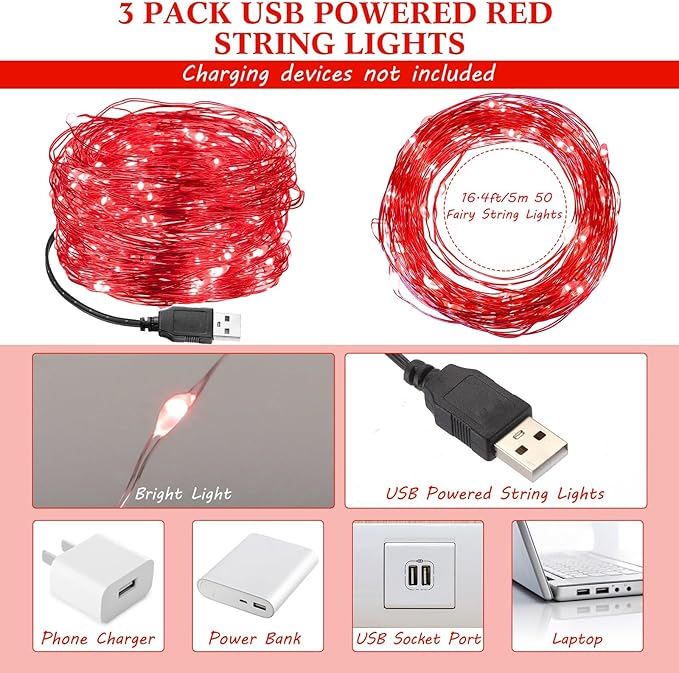 Macarrie 3 Pcs Red Fairy Lights USB Powered 16 ft 50 LED String Lights Plug in for Indoor Outdoor Bedroom DIY Party Wedding Home Festival Tree Garden Xmas Decoration