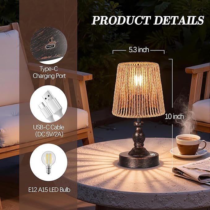 Mini Cordless LED Table Lamp, 5200mAh Rechargeable Battery Operated Lamp, 3-Level Brightness, Touch Dimmable Desk Lamp, Bedside Night Light with Rattan Shade, Oil Rubbed Bronze