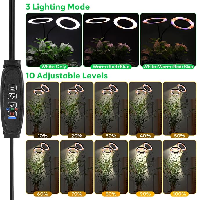 Grow Lights for Indoor Plants, 2-Head Plant Lamp & Height Adjustable, Black | Full Spectrum Floor Stand Plant Light for Large Tall Plants, 3/9/12H Timer, 10 Dimming, Modern Ring Grow Lamp for Home Décor