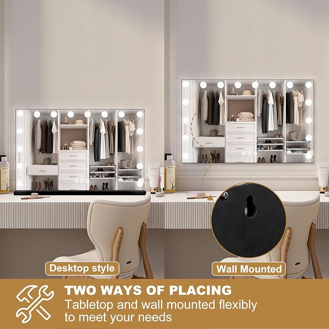 Moonee Vanity Mirror with Lights, Black Hollywood Lighted Makeup Mirror with 17 Dimmable Bulbs and 10X Magnification, 3 Colors Modes, Aluminum Metal Frame, Light Up Mirror for Tabletop/Wall（26" x 20"）