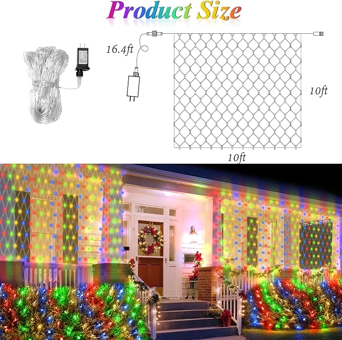 Lovelite 10ft x 10ft Net Lights, 280LED Gazebo Lights Outdoor 8 Modes Timer, Waterproof Connectable Christmas Light Clear Wire Large Size for Bushes Patio Pergolas Garden Holiday Party - Mulicolor