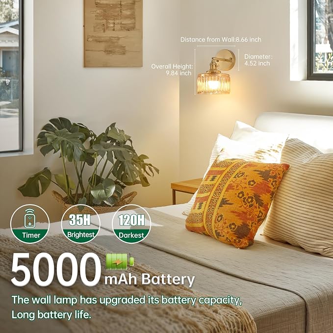 Shenmoyl Vintage Battery Operated Wall Sconce with Amber Striped Glass Lampshade 5000 mAh Rechargeable Battery Powered Wall Light with Remote Control for Bedside Bedroom Doorway