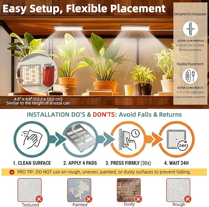 Dual Head Under Shelf Grow Light, Stick On LED Shelf Plant Light with Timer | Dual Head Under Cabinet Grow Light, Full Spectrum 3500K High PPFD LED for Plant Stands, Shelves & Multi-Plant Coverage