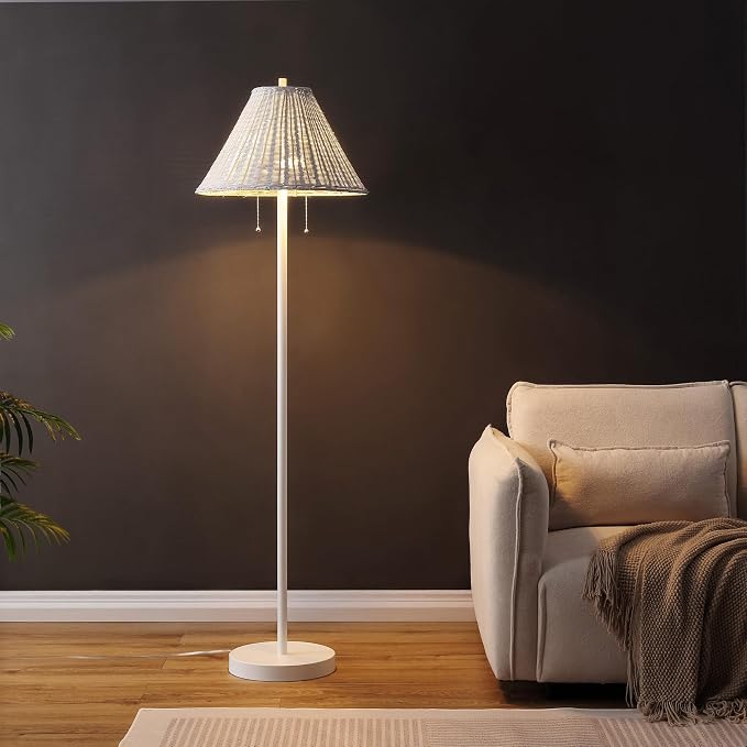 JONATHAN Y Nando 2-Light Coastal Rattan Floor Lamp 61", White | Mid-Century Modern, Standing Lamp, Metal Base, Pull-Chain Switch, Woven Coolie Shade, LED Bulbs Included