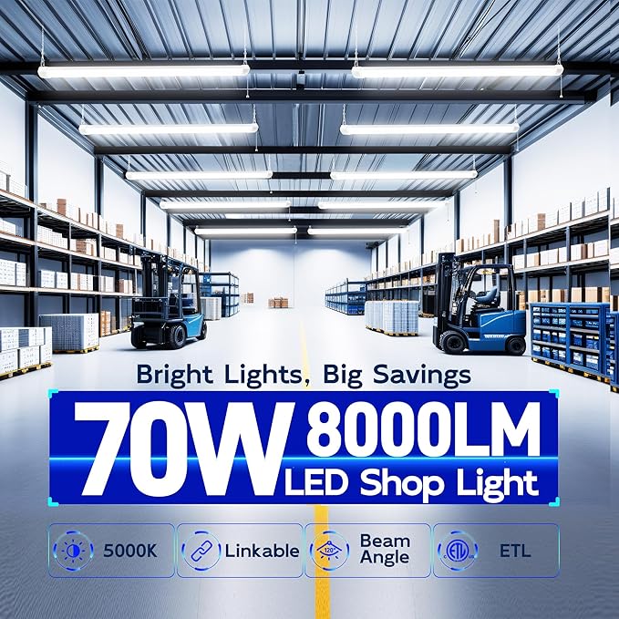 hykolity 4FT 70W LED Shop Light Linkable, 8000lm(300w Equivalent), 5000K Utility Shop Lights for Garages, Workshops, Basements, Hanging or FlushMount, with Power Cord and Pull Chain, ETL,White, 2 Pack