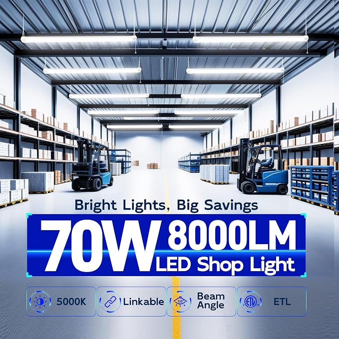 hykolity 4FT 70W LED Shop Light Linkable, 8000lm(300w Equivalent) | 5000K Utility Shop Lights for Garages, Workshops, Basements, Hanging or FlushMount,with Power Cord and Pull Chain,ETL,White