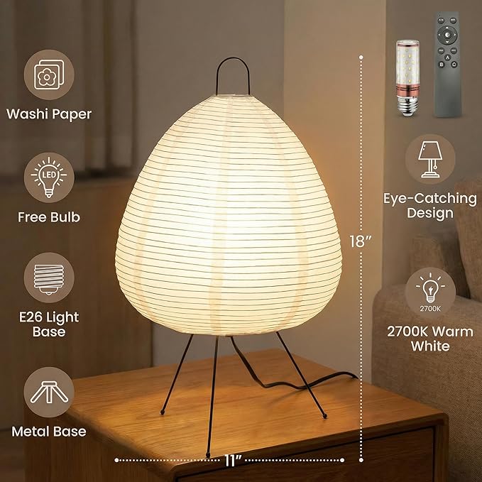Akari Noguchi Rice Paper Lamp • Dimmable Japanese Paper Lantern Lamp • Japanese Decor Lantern • Cozy Japandi Style • Paper Lantern Light