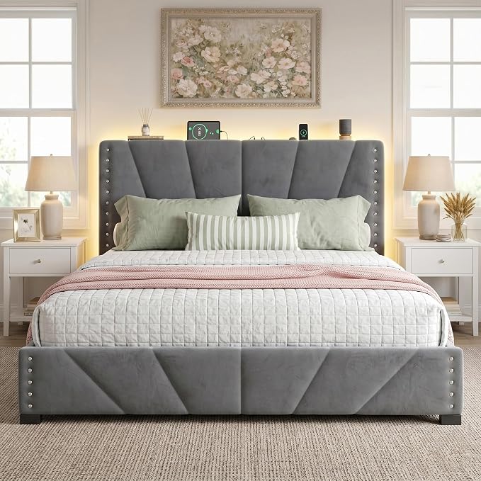 EnHomee Queen Bed Frame with LED Lights & USB, Noise-Free, Charcoal Grey | Adjustable Velvet Headboard，Under-Bed Storage，Heavy Duty Support with 12 Slats，No Box Spring Needed，Easy Assembly for Bedroom