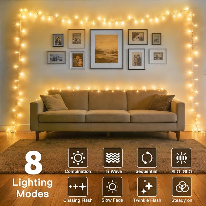 Ollny Fairy Lights Battery Operated 2 Pack, Total 200 LED 66 FT Battery String Lights, Waterproof LED Light with 8 Modes, Bedroom Indoor Outdoor Classroom Party Decorations, Warm White