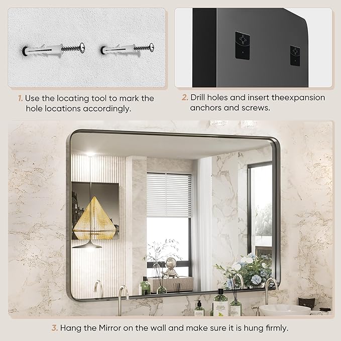 NEWBULIG 22X30 Inch Bathroom Wall Mirror, Vanity Bathroom Mirrors for Over Sink Tempered Glass, Anti-Rust Metal Framed Rounded Rectangle, Hangs Horizontally or Vertically, Farmhouse Home Decor, Black