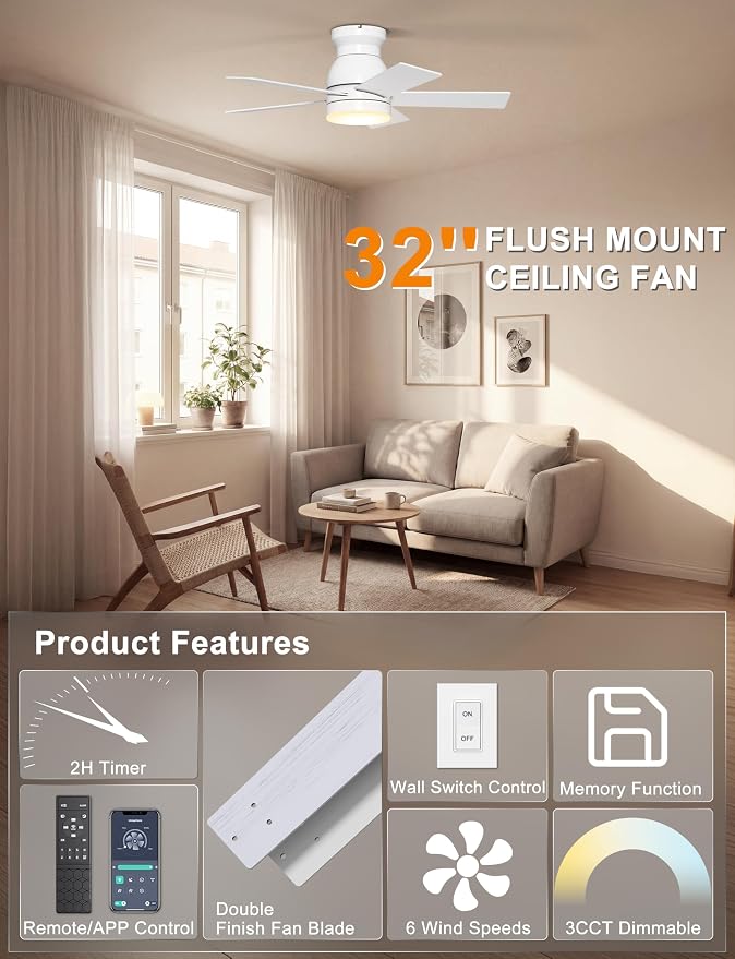 Ohniyou 32'' Low Profile Ceiling Fan with Lights, Remote/APP Control, White | Flush Mount, Dimmable 3CCT LED, Quiet DC Motor; Memory Function, Small Ceiling Fan for Indoor Bedroom Kitchen Nursery
