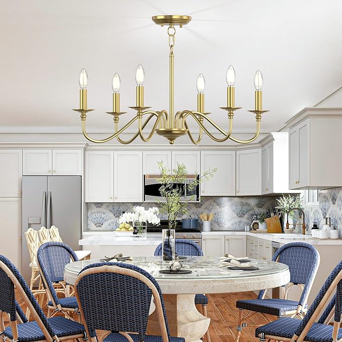 Rustic Farmhouse Candle Chandelier for Dining Room, 6-Light Rustic Black Iron Light Fixture with Classic S-Arm Design for Kitchen Island, Living Room, Foyer-Brass Gold