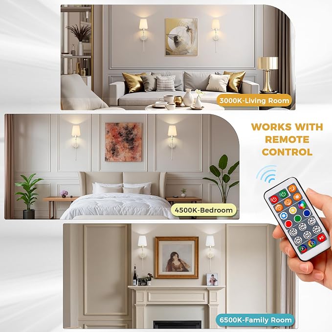 Battery Operated Wall Sconce: Set of 2 Wireless Wall Light 12000mAh | 15 Color Rechargeable Wall Sconces, Sconce Wall Decor Set of 2 for Bedroom, Living Room, Nickel, 24.6in
