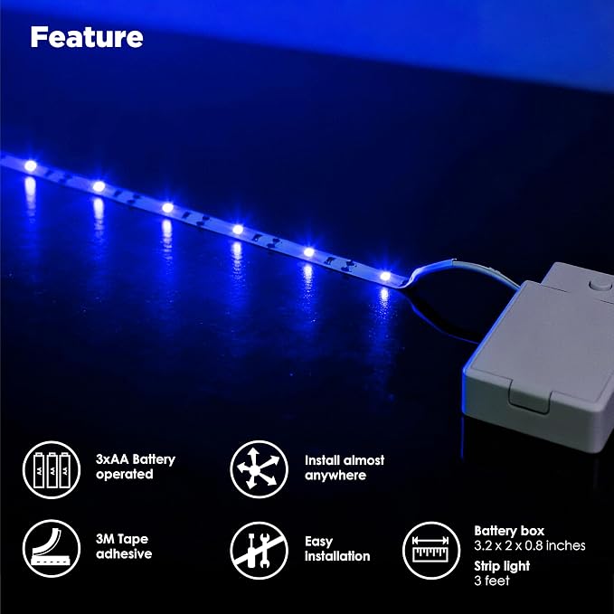 Battery Operated LED Strip Lights 2X 3.33ft Flexible Blue LED Light Strip for Bedroom Room Decor, Battery Powered Lighting for Cabinet Shelf Closet TV Backlight