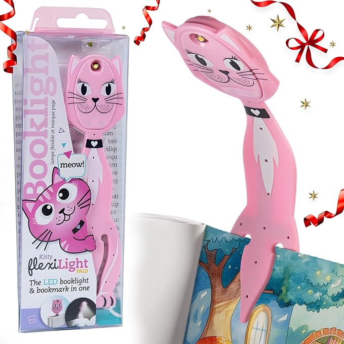 Gifts for Readers & Writers Book Light for Kids, Clip On Reading Light for Bed, 2in1 Flexilight Pals & Bookmark, Small & Lightweight with a Soft Glow, 2 Batteries Included, Cat
