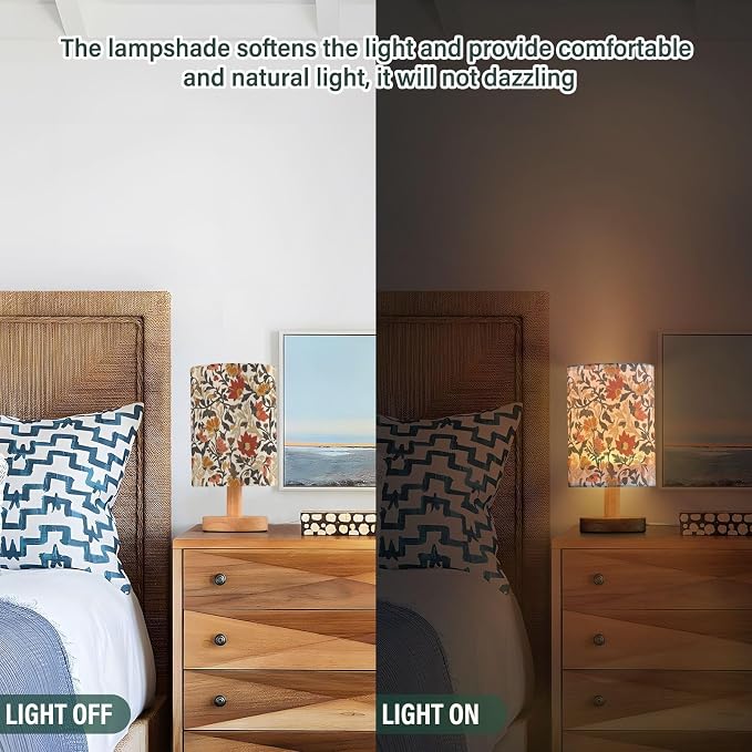 Fustylead Retro Vintage Fall Floral Bedside Table Lamps with USB Port for Bedroom Lamp Small Nightstand Lamp Sturdy Linen Shade Wooden Decorative Lamps for Living Room Home Dorm Kids