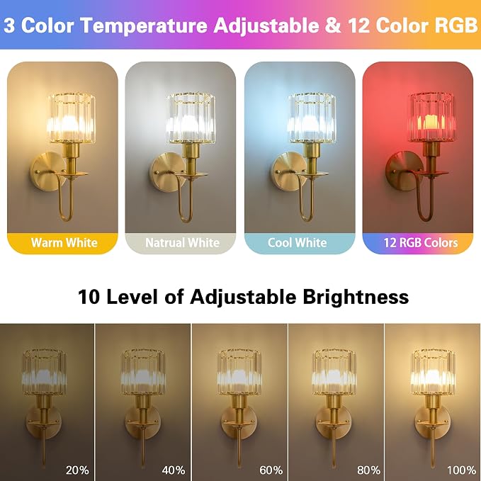 Battery Operated Wall Sconces Set of 2, Gold Crystal Wall Lights | 5200mAh rechargeable wall lights with magnetic bulbs, remote control, 15 colors, 10-level dimming and timer for bedrooms