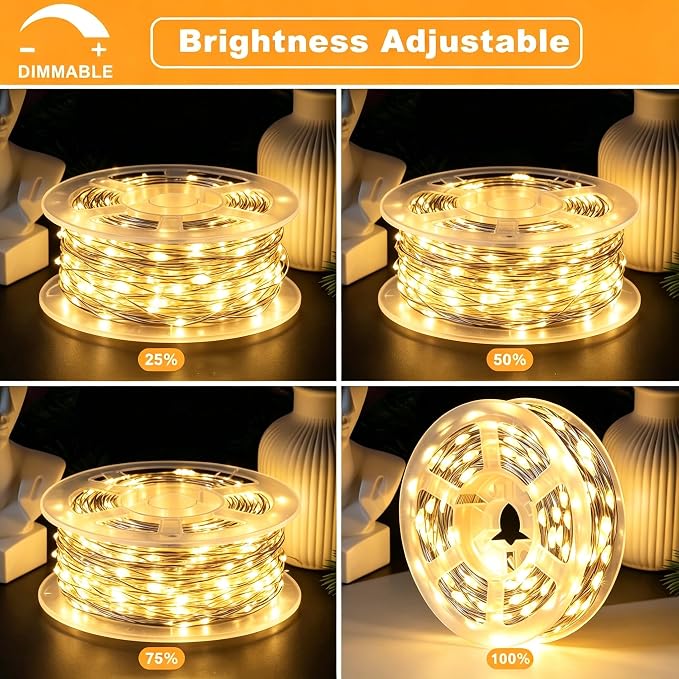 2 Pack Battery Operated LED Fairy Lights with Remote, 33ft 100LED Warm White Twinkle Lights, Waterproof String Lights for Bedroom with Reel for Wedding Party Christmas Decor