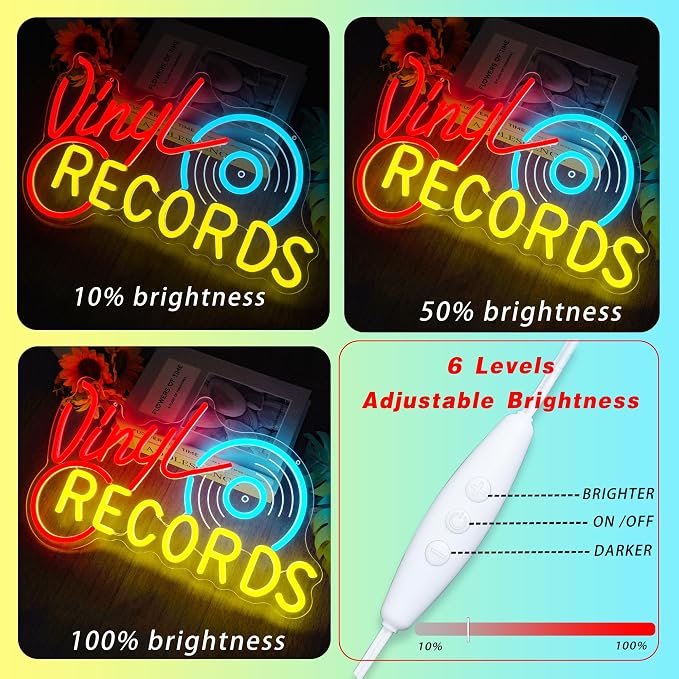 Neon Record Sign - Vintage Record Store Retro Light, Vinyl Record Decor LED Sign for Music Room, Home Studio & Man Cave, Retro Wall Art Gift for Audiophiles and Collectors(16.8 * 10.9inch)