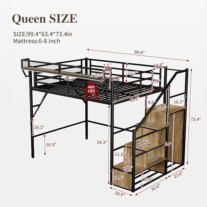 Queen Size Metal Loft Bed with Storage Shelf Built-in USB Port | Heavy Duty Loft Bed with Storage Stairs & Wardrobe+ LED Lights, Large Under-Bed Area, Noise Free, No Box Spring Needed