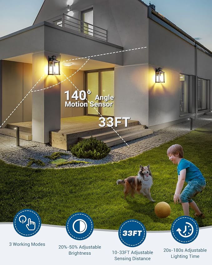 DEWENWILS Motion Sensor Outdoor Wall Lights, Dusk to Dawn Farmhouse Light | Clear Glass, Open Bottom, 3 Modes, 33FT Detection Range, 140° Sensing Angle, E26 Socket, Ideal for Doorway Garage Patio