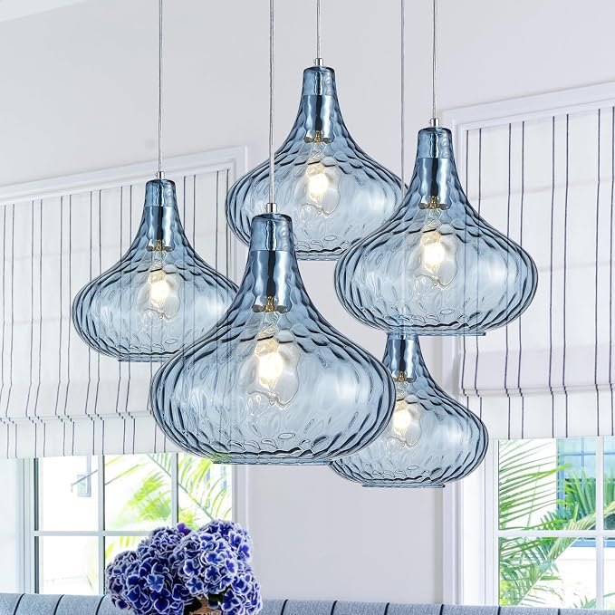 11 Inch Blue Hammered Glass Pendant Light Brushed Nickel Ceiling Lamp | Adjustable hanging cord, warm soft diffused light, decor for dining space, kitchen island, hallway and living room