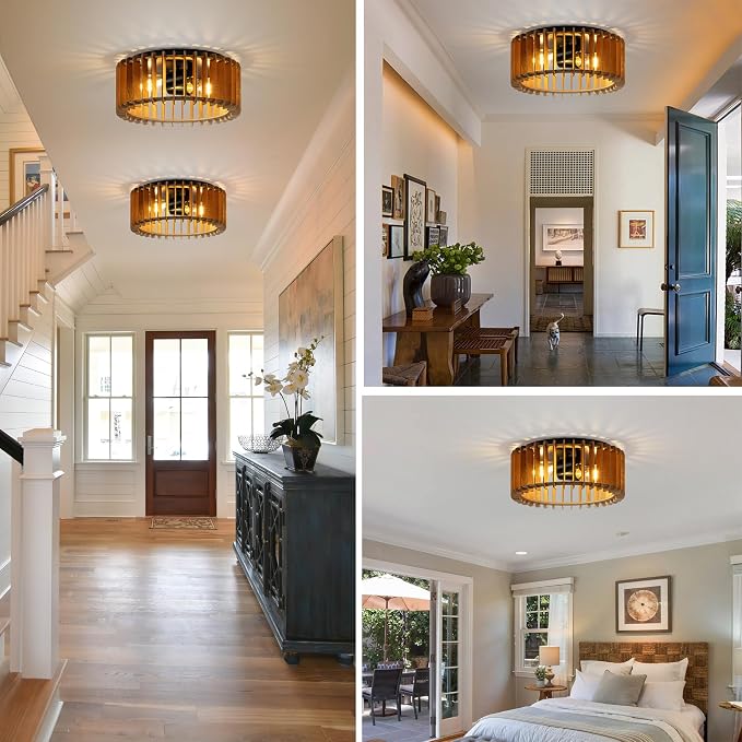 Wood Flush Mount Ceiling Light, 2-Light Farmhouse Ceiling Light, Rustic Light Fixture for Hallway, Entryway, Bedroom, Kitchen